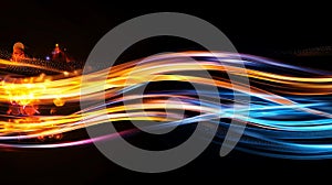 Colorful light trails weave across a dark background